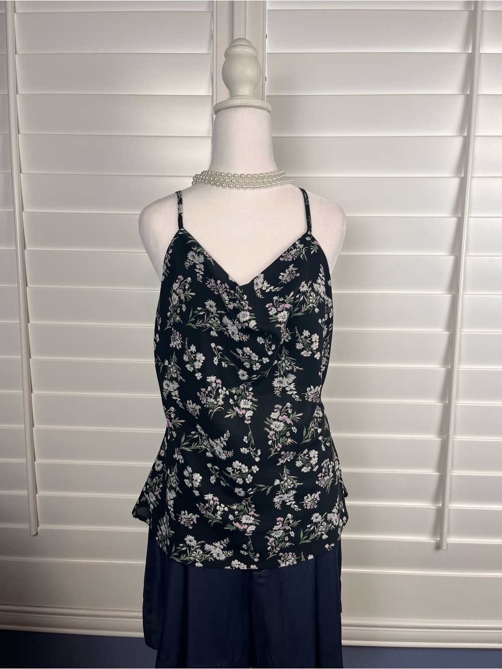 Papermoon Floral Cowl Neck Cami Top Black Sleeveless Adjustable Straps Medium